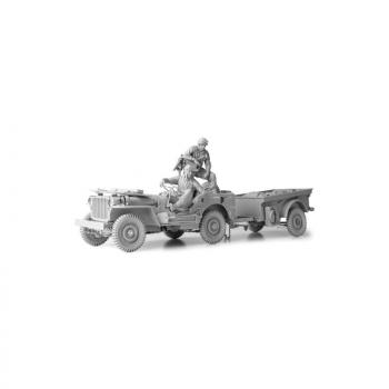 1/16 Bausatz Willys Jeep mit T-3 Anhänger, Fahrer und Schütze