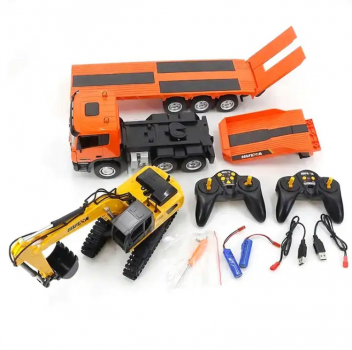 Huina 1319 RC Tieflader LKW(orange) und Bagger (gelb) 1:24